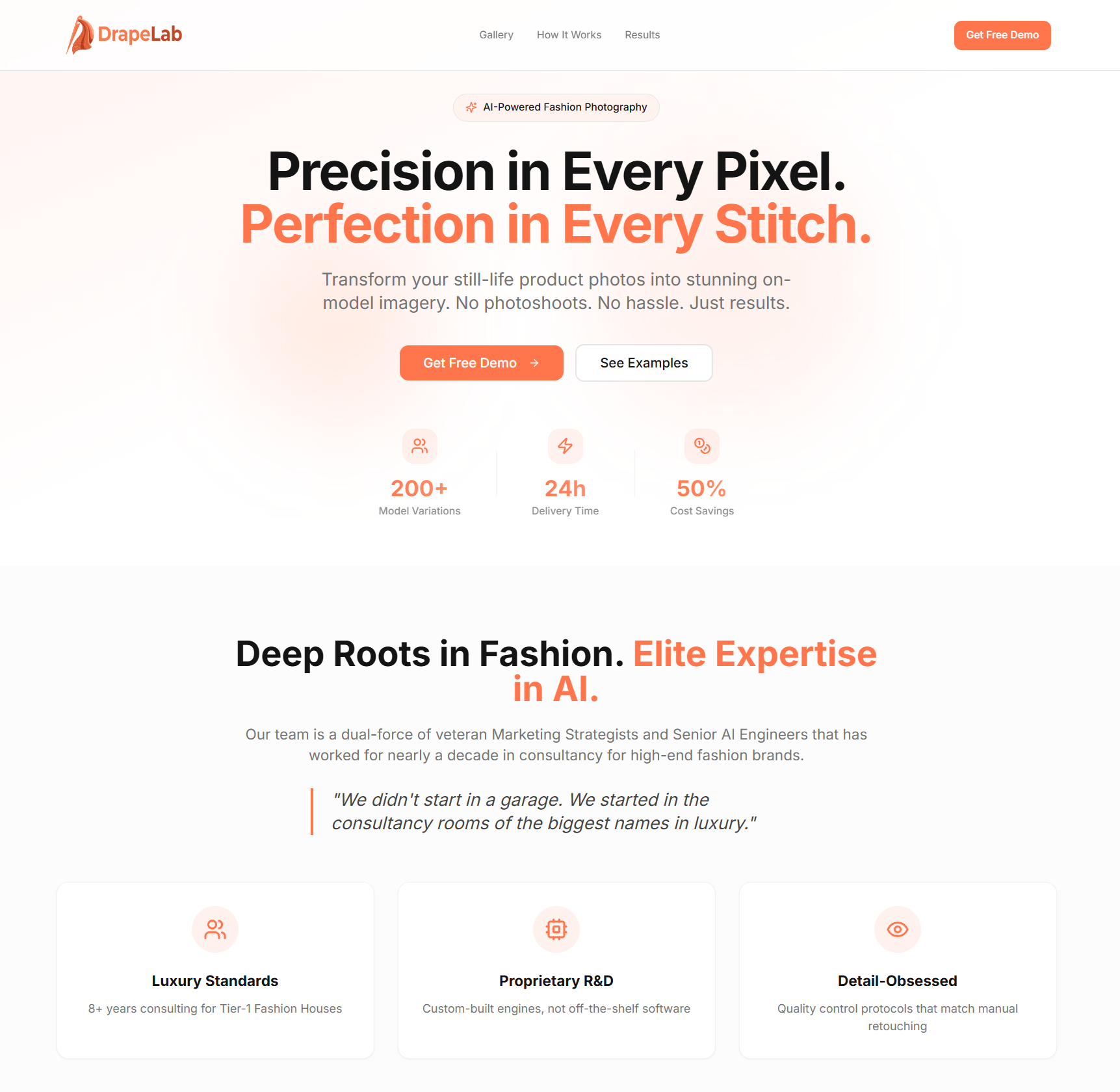 DrapeLab.ai landing page — AI-powered fashion photography SaaS